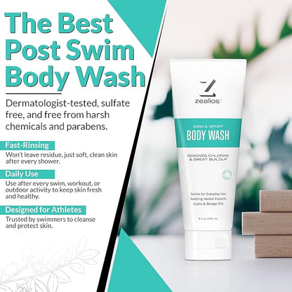Zealios Swim & Sport Body Wash for Swimmers & Athletes 8oz, Skin Care Solution for Men & Women, Removes Chlorine, Sweat & Odor, Provides Cleansing and Hydration from Pool Chemicals, Light Citrus Scent