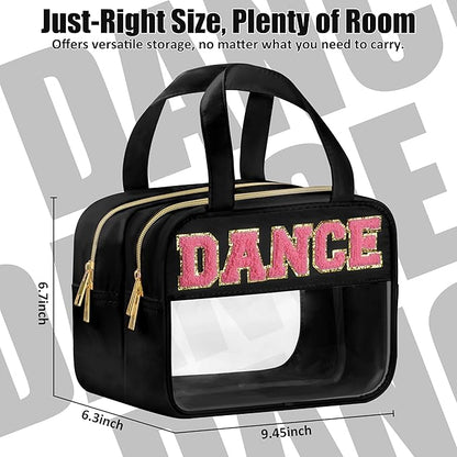 Dance Chenille Letter Bags Clear Makeup Bag for Travel, Dance Gift Cosmetic Pouch with Handles and Zipper, Nylon & PVC Waterproof Large Dance Accessories Toiletry Purse Storage Bag for Women