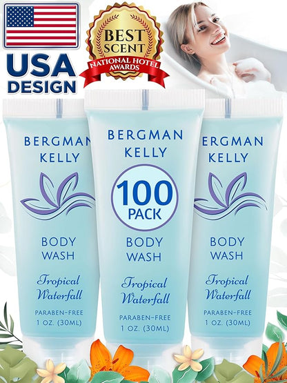 BERGMAN KELLY Travel Size Body Wash (1 fl oz, 100 PK, Tropical Waterfall), Delight Your Guests with an Invigorating and Refreshing Hotel Body Wash, Mini and Small Size Guest Hotel Toiletries in Bulk