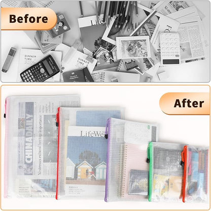 Umriox Mesh Zipper Pouch Bags, A3+A4+A5, (6 colors, 18 Packs), Clear Zipper Pouches, Waterproof Zipper Pouches for Office Supplies Cosmetics Travel Storage