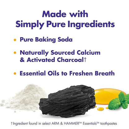 ARM & HAMMER Essentials Fluoride-Free Toothpaste Whiten + Activated Charcoal-12 Pack of 4.3oz Tubes, Clean Mint- 100% Natural Baking Soda