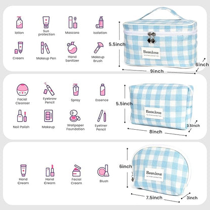 FAELBATY Checkered Makeup Bag, 3 Pack Large Travel Makeup Bag Set, Cosmetic Bag for Women (Blue)