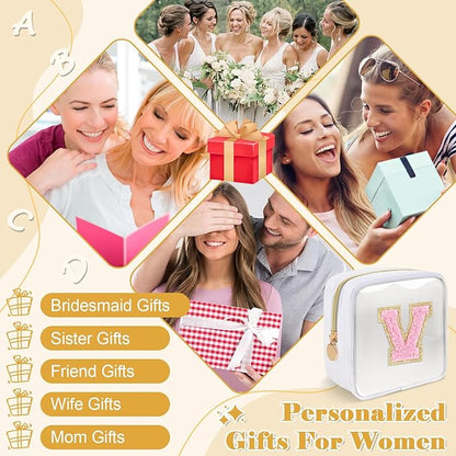 Personalized Initial Letter Clear Preppy Makeup Bag,Mini Nylon Chenille Letter Cosmetic Bag Cute Zipper Pouch Purse for Teen Girls,Portable TSA Approved Beach Travel Essentials Bag Gift for Women,V