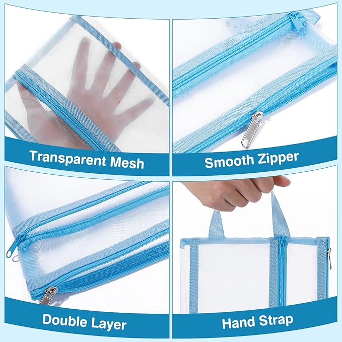 6 Pack Mesh Zipper Pouch Bags, Double Layer Nylon Pouch with Handle for Office Travel Organization (Blue, A5)