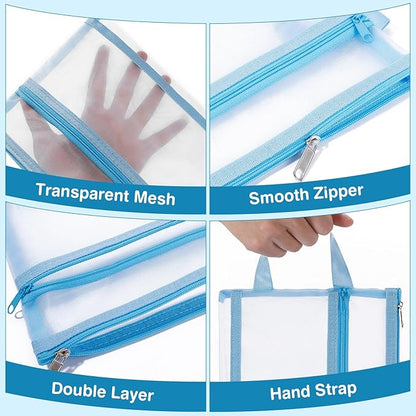 6 Pack Mesh Zipper Pouch Bags, Double Layer Nylon Pouch with Handle for Office Travel Organization (Blue, A5)