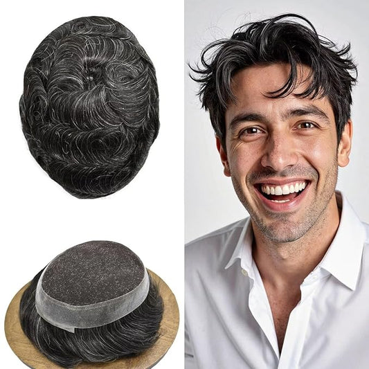 FACE MIRACLE Hair System for Men French Lace Mens Toupee Human Hair Replacement System Lace with PU Toupee for Men Male Hair Piece Wigs 6"X8" #1B20 Off Black with 20% Gray
