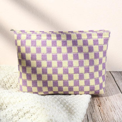 SOIDRAM 2 Pcs Checkered Makeup Bag Large Cosmetic Bag Toiletry Bag Makeup Pouch Travel Bag Organizer Cute Makeup Brushes Aesthetic Accessories Storage Bag for Women Purple