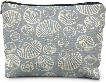 Coastal Beach Makeup Bag - Aesthetic Sea Shell Cosmetic Pouch for Women, Beach Gifts, Vacation Gifts, Light Blue Beachy White Pouch
