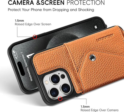 LUCKYCOIN Crossbody Wallet Phone Case for iPhone 15 Pro Max,100% Genuine Leather Wallet Phone Case with Expandable Flip Card Holder,Phone Purse for Women with Adjustable Removable Strap - Pebble Brown