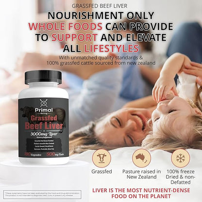 Primal Being Grassfed Beef Liver - 3000mg Freeze Dried Capsules - Pasture Raised in New Zealand - Natural Beef Organ Supplement - Liver Supplement for Energy and Wellness - 180 Count