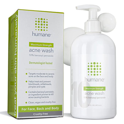 humane Benzoyl Peroxide Acne Body Wash - 10% Maximum-Strength Face, Skin, Butt, and Back Acne Treatment - 16 Fl Oz - Dermatologist-Tested Non-Foaming Acne Face Wash Cleanser - Vegan, Cruelty-Free