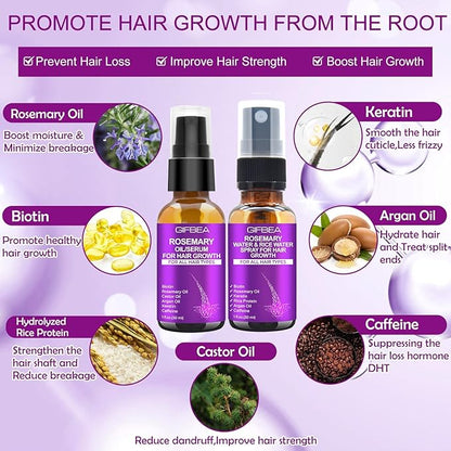 Rosemary Oil Hair Growth Serum W/Rosemary Water & Rice Water Spray Hair Growth,Biotin Castor Oil Argan Oil Caffeine Keratin Reduce Hair Loss,Restore Dry Damaged Hair Regrowth Treatments for Women Men