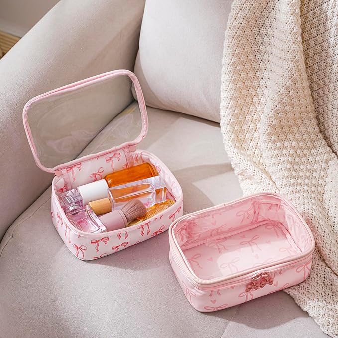 Cute Clear Makeup Bag with Bow Patten,Transparent Nylon Travel Cosmetic Case with Zipper,Portable Makeup Organizer Pouch for Essentials(04Pinkbow-pink)
