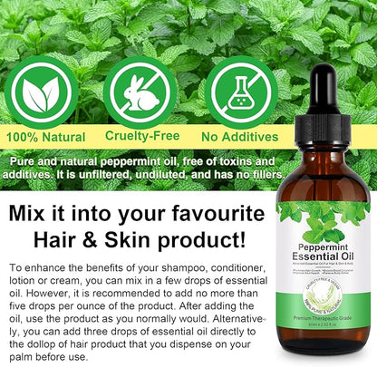 Peppermint Essential Oil 60ml, Natural Peppermint Oil for Hair Growth & Dandruff Removal - Perfect for Aromatherapy, Scalp and Body Massage, Refreshes, 2.02 fl.oz