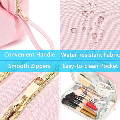 Travel Makeup Bag, Wide-open Cosmetic Bag Make Up Organizer Case with Brushes Pocket for Women, Large Family Toiletry Bag Skincare Pouch for Toiletries Accessories