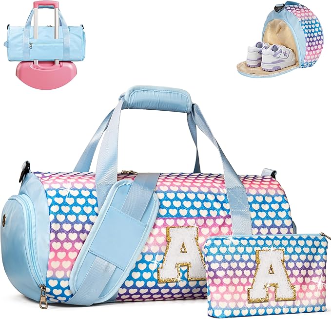 Christmas Gifts for Grandkids, Girls Travel Duffel Bag, Kids Initial Overnight Bags with Shoe Compartment, Initial Duffle Bag with Makeup Pouch, Teen Girl Trendy Stuff (Letter A)