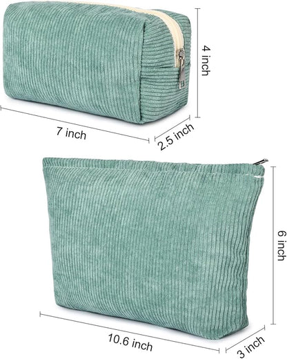 SOIDRAM 2 Pieces Makeup Bag Large Corduroy Cosmetic Bag Capacity Canvas Mix Travel Toiletry Bag Organizer Cute Makeup Brushes Aesthetic Accessories Storage Bag for Women, Corduroy Mix Green
