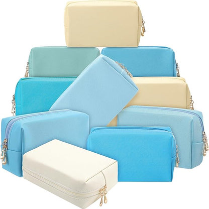 Sanwuta 9 Pcs Makeup Bags Bulk PU Double Zippers Cosmetic Bag Makeup Toiletry Christmas Small Pouch Portable Travel Organizers Case for Women Bridesmaid Party End of The Year(Blue and Green Color)