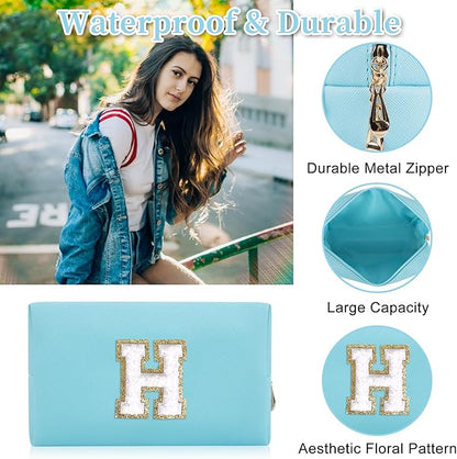 Personalized Initial Letter Patch Makeup Bag, Preppy Portable Chenille Letter Cosmetic Bag with Zipper, PU Leather Waterproof Travel Toiletry Bag Monogram Make Up Pouch for Women Girls