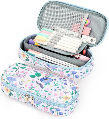mibasies Girls Pencil Case for Kids, Multi-Slot Pencil Pouch, Floral Sky Blue