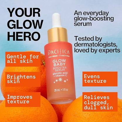 Pacifica Vitamin C Face Serum - Glow Baby Booster Facial Serum - Glycolic Acid Serum For Face - Dark Spot Corrector Anti Aging Brightening - Dermatologist Tested, Fragrance Free, Clean Skin Care Vegan