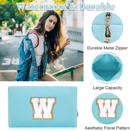 Personalized Initial Letter Patch Makeup Bag, Preppy Portable Chenille Cosmetic Bag with Zipper, PU Leather Waterproof Travel Toiletry Bag Monogram Make Up Pouch for Women Girls