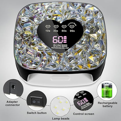 LIMEGIRL UV LED Nail Lamp Kit for Gel Polish Professional Fast Black Diamond Design Curing Dryer Light Set with 4 Timers and Gloves Cordless Rechargeable Nail Art Cure Machine at Home and Salon