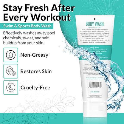 Zealios Swim & Sport Body Wash for Swimmers & Athletes 8oz, Skin Care Solution for Men & Women, Removes Chlorine, Sweat & Odor, Provides Cleansing and Hydration from Pool Chemicals, Light Citrus Scent