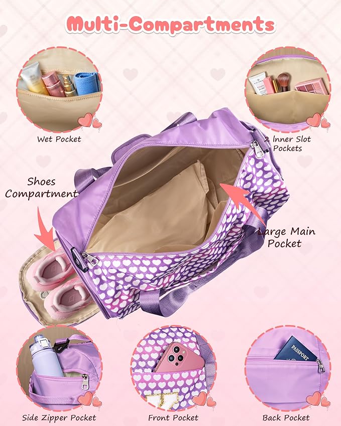 Tween Girl Gifts Trendy Stuff, Girls Travel Duffel Bag, Kids Initial Overnight Bags with Shoe Compartment, Personalized Gym Ballet Dance Bag with Makeup Pouch, Gift for Teenager (Letter V)