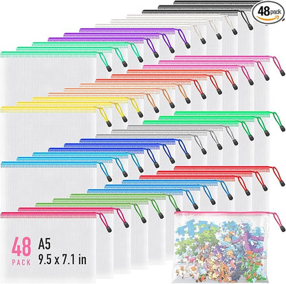 Umriox 48pcs Small Zipper Pouch, Mesh Bags with Zipper, 9.5" x 7.1"/A5 Size 16 Color Pencil Pouches, Storage Bags for Puzzles, Office and Travel Supplies