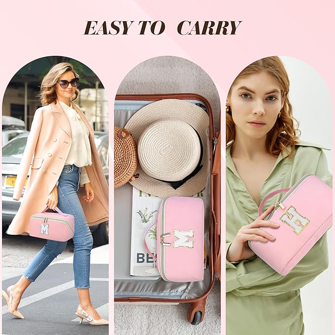 for Christmas Day Gifts, Makeup Bag for Women, PU Leather Travel Toiletry Bags, Initial Make Up Cosmetic Pouch for Teen Girls, Wide Open Portable Skincare Bag, Personalized Birthday Gifts, Pink E