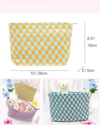 PAZIMIIK Knitted Checkered Makeup Bag Large Zipper Make Up Accessory Pouch for Purse Cosmetic Brush Bag for Travel Essential Orange Green