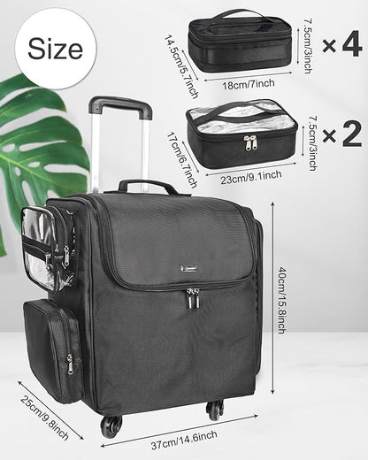 Relavel Rolling Makeup Train Case with 6 Pcs Clear Makeup Bags, Hairstylist Traveling Bag with 4 Wheels, Heat Insulation Full Layer, Adjustable Dividers, Hair Tools and Cosmetics Storage Organizer