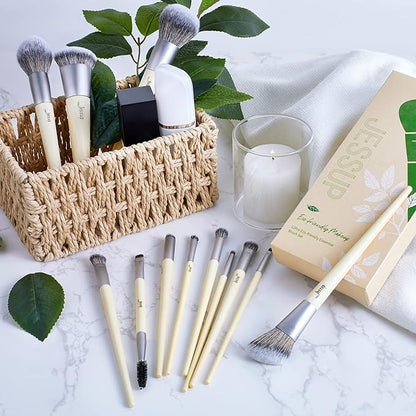 Jessup Vegan Makeup Brushes Set Premium Synthetic Powder Foundation Highlight Concealer Eyeshadow Blending Eyebrow Liner Spoolie Brush Set Burlywood 12pcs T327