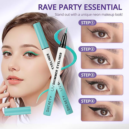 Metallic Neon Liquid Eyeliner, Glitter Neon Colored Eyeliners Pen, High Pigmented, Waterproof Smudge-Proof and Long-Lasting Metallic Eye Makeup for Halloween Christmas,Shimmer Turquoise