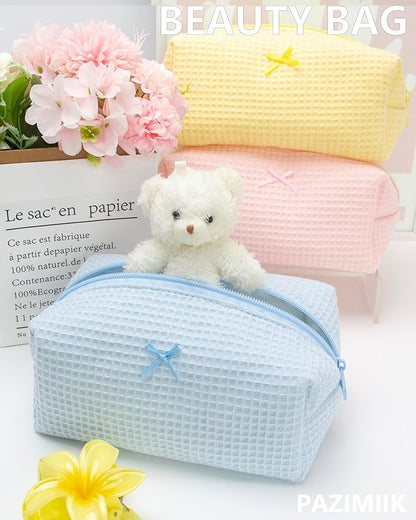 PAZIMIIK 2PCS Cozy Makeup Bag Travel Cosmetic Bag for Women Soft Toiletry Bag Aesthetic Makeup Organizer Portable Large Zipper Pouch for Skincare Beauty Accessories Brushes Waffle Check Blue