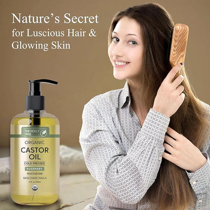 Organic Castor Oil 9 fl oz - Rosemary Infused Cold Pressed - 100% Pure & Hexane Free - Castor Oil for Hair Growth - Moisturizing & Nourishing for Face & Body - The Holly Tree