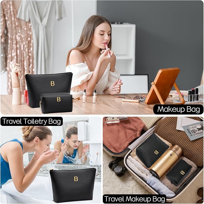 Women Gifts | Initial Makeup Bag Set for Girl Personalized Gifts for Bridesmaid Friend Graduation Teachers PU Leather Cosmetic Travel Toiletry Bag(Black,B)