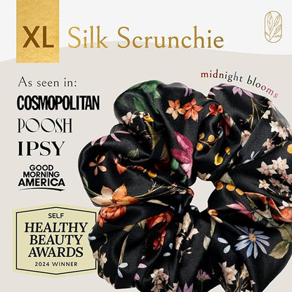 Silk Scrunchies Ponytail Holders – Oversized Mulberry Silk Scrunchies – Extra Large No Damage Hair Ties for Curly, Thick, and Thin - Hair Accessories for Women – Midnight Blooms, XL By Curlfriend
