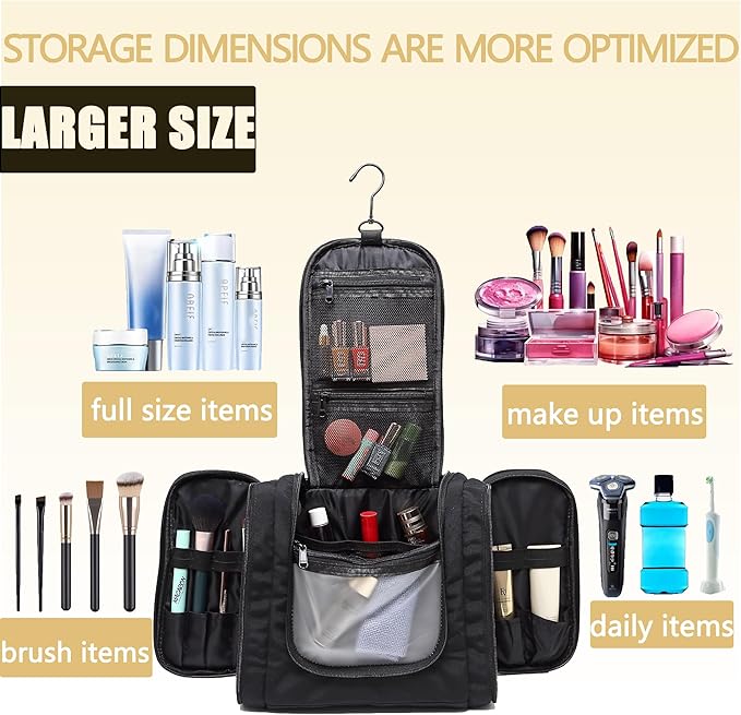 Hanging Toiletry Bag for Men and Women, Travel Makeup with Metal Swivel Hook, Large Organizer for Full Sized Cosmetics and Toiletries, Water-Resistant Nylon, Black
