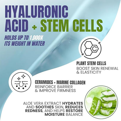 Alozera Pure Hyaluronic Acid Serum with Stem Cells for Face & Neck, Deep Hydration Facial Moisturizer for Plumper & Smoother Skin, Concentrated Anti-Aging Serum, Day & Night