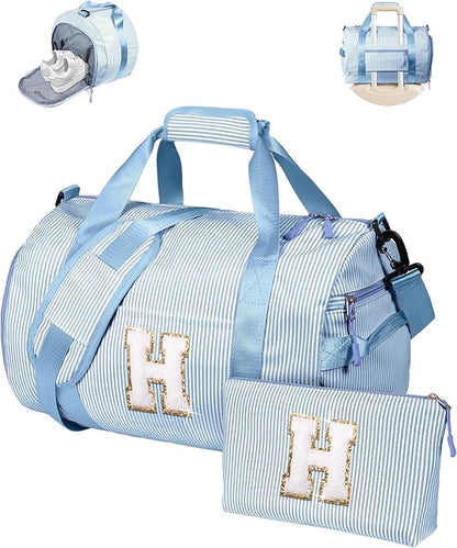 Girly Cute Stuff, Girls Travel Duffle Bag, Kids Initial Overnight Bags with Shoe Compartment, Customized Weekender Bag with Makeup Pouch, Stocking Stuffers for Toddler (Letter H)