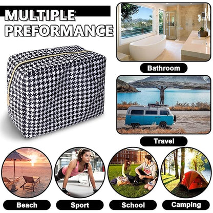 Large Makeup Pouch, Nylon Women Travel Toiletry Storage Houndstooth Cosmetic Bag for Girls, Big Preppy Makeup Organizer Cute Zipper Pouch Skincare Bag for Sport School (Large-Houndstooth)