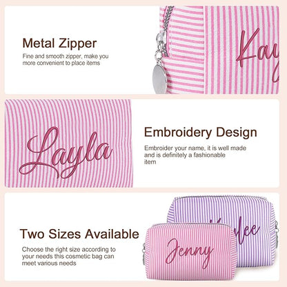 Yofair Personalized Makeup Bag with Name, Large Capacity Travel Toiletry Case Teen Girl Gift Trendy Stufff Custom Seersucker Cosmetic Bags Wedding Birthday Gifts for Girls Women