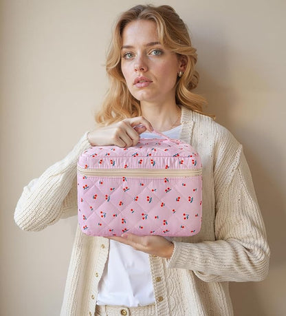 HBselect Quilted Makeup Bag, 3PCS Cotton Large Travel Makeup Bag, Cute Floral Coquette Make up Bag Cosmetic Bag Toiletry Bag for Women Girls