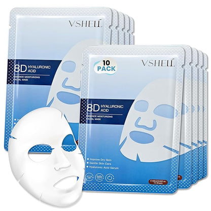 Hyaluronic Acid Face Sheet Mask, Set of 10 - Hydrating Korean Beauty Treatment - Moisturising Facial Skincare for Women and Men - With Aloe Vera, Trehalose and Anti Aging Squalene
