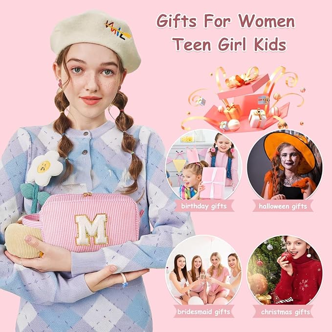 YOOLIFE Teacher Appreciation Gifts for Women - Personalized Birthday Gifts Idea for Women Teacher Best Friend Mom Bridesmaid, Large Initial Pink Makeup Bag, Cosmetic Toiletry Bag Case Make Up Pouch T