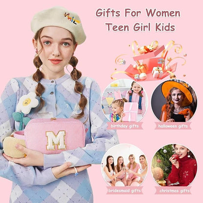 YOOLIFE Teacher Appreciation Gifts for Women - Personalized Birthday Gifts Idea for Women Teacher Best Friend Mom Bridesmaid, Large Initial Pink Makeup Bag, Cosmetic Toiletry Bag Case Make Up Pouch T