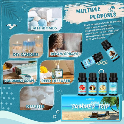 Summer Fragrance Oils Set, Premium Essential Oils for Diffuser, Natural Aromatherapy Oils for Soap Candle Making - Ocean Breeze, Coconut, Pina Colada, Watermelon, Vanilla Ice Cream, Aqua Kiss