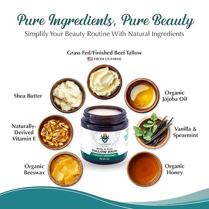 Dr. Dave's Primal Essence Grass Fed Beef Tallow Balm for Face and Body with Shea Butter, Organic Jojoba Oil, Honey, and Beeswax – Beef Tallow for Skin – Vanilla and Spearmint – 4 oz